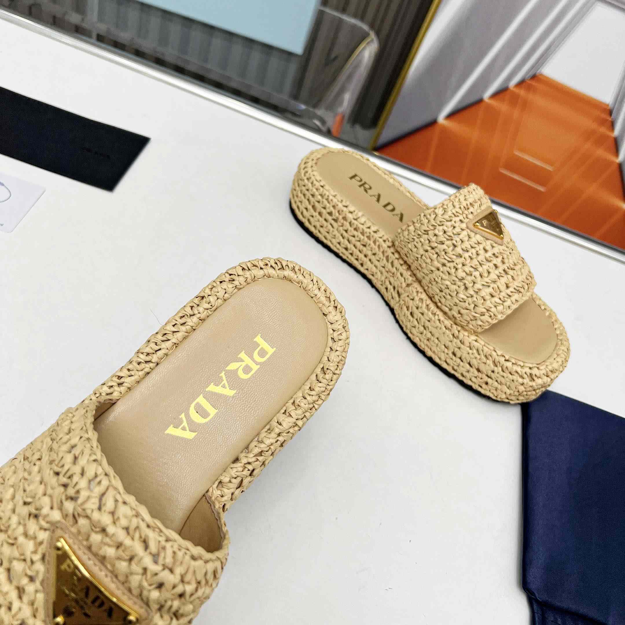 Prada Raffia Single-Band Platform Slides - 