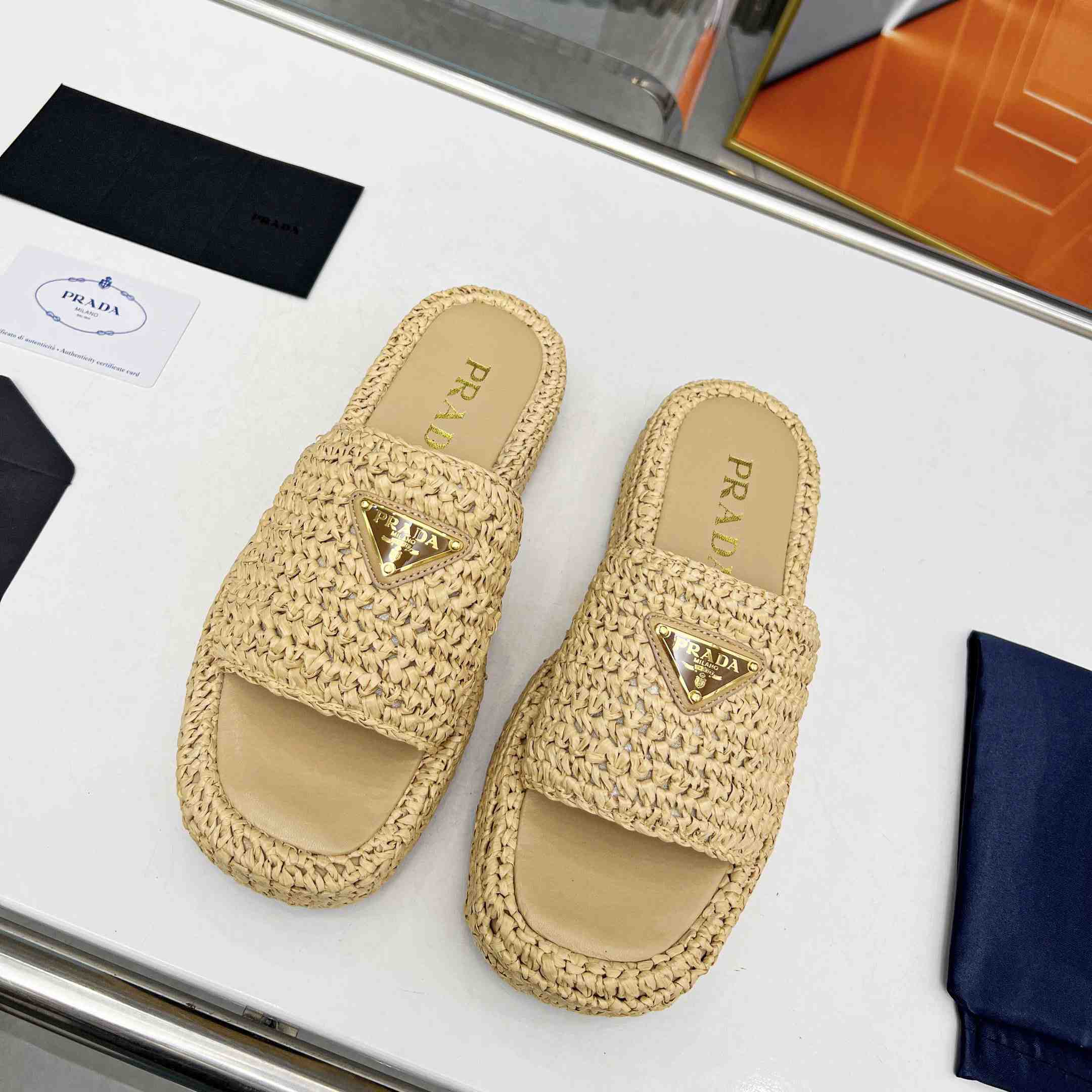 Prada Raffia Single-Band Platform Slides - 