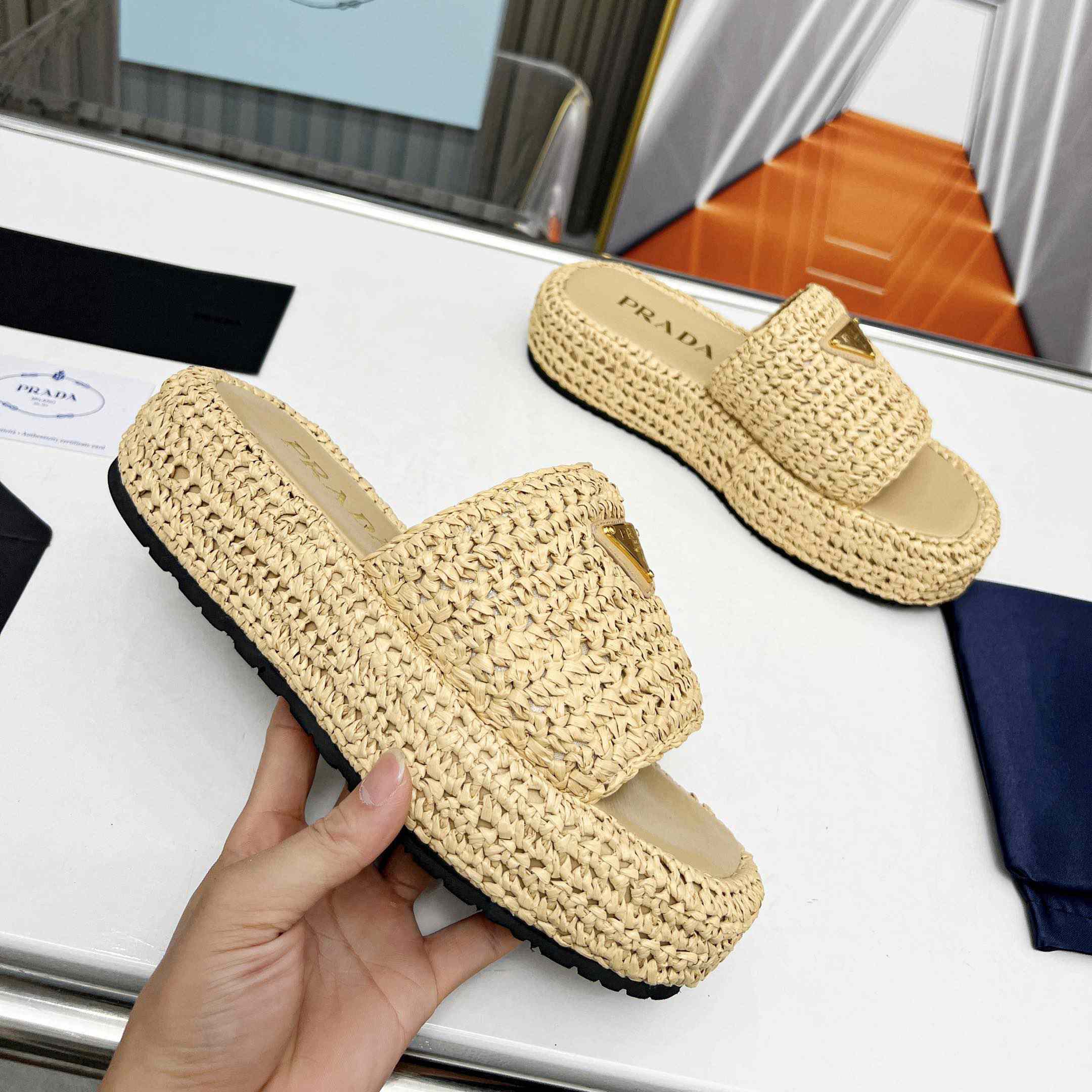 Prada Raffia Single-Band Platform Slides - 