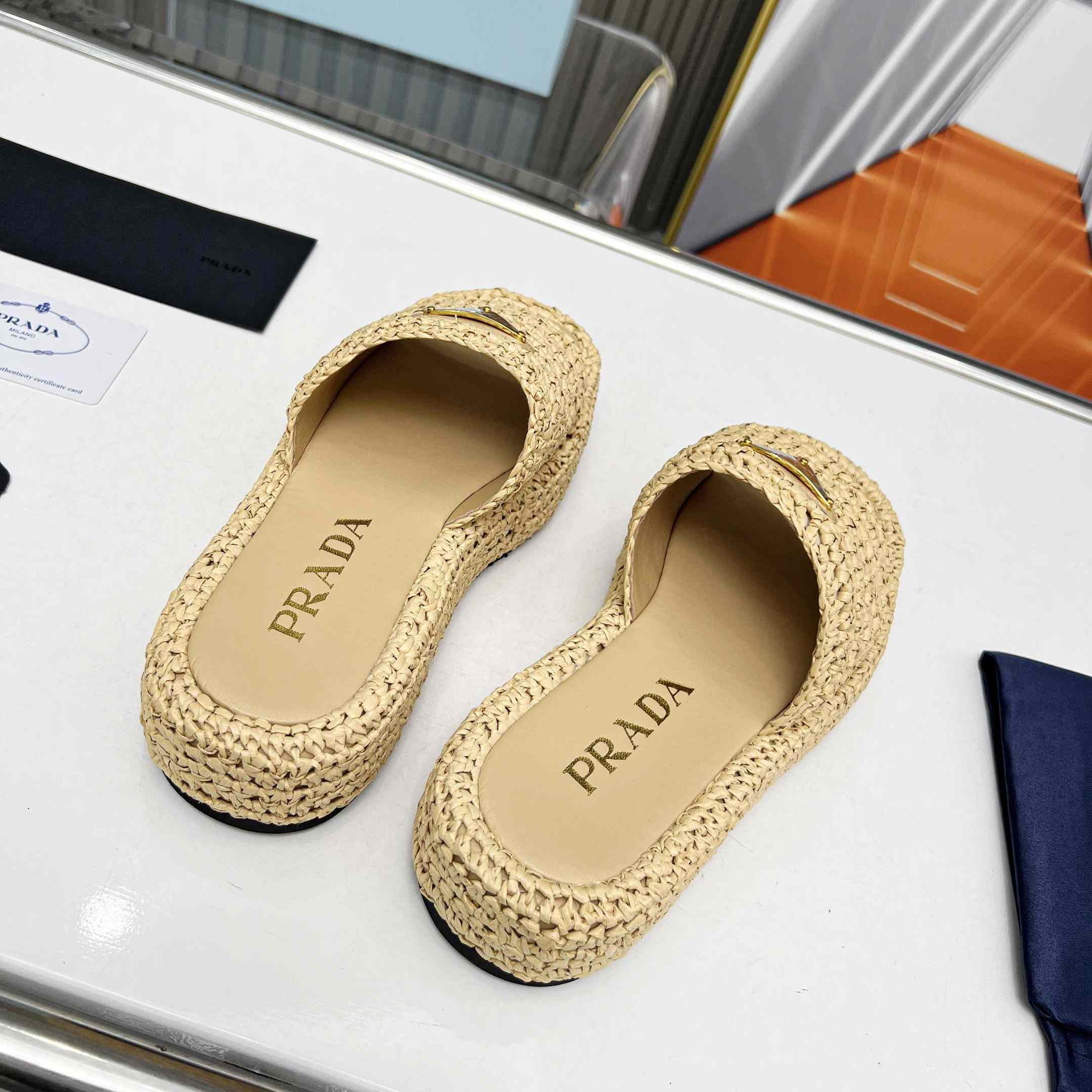 Prada Raffia Single-Band Platform Slides - 