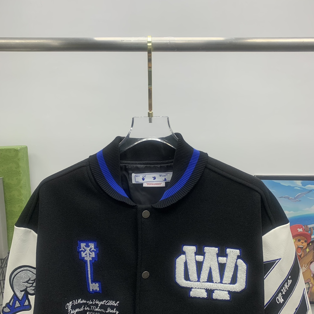 Off White Patch-detail Wool Bomber Jacket - PerfectKickZ