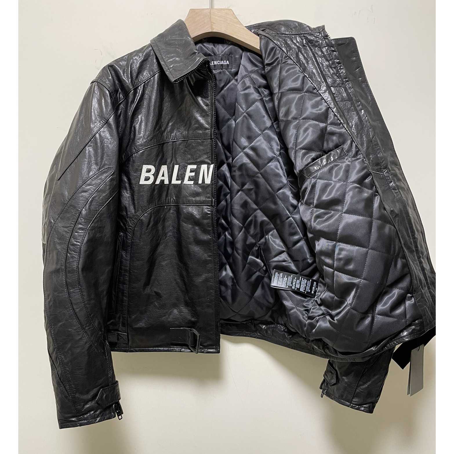 Balenciaga Contrast Logo Leather Moto Jacket - PerfectKickZ