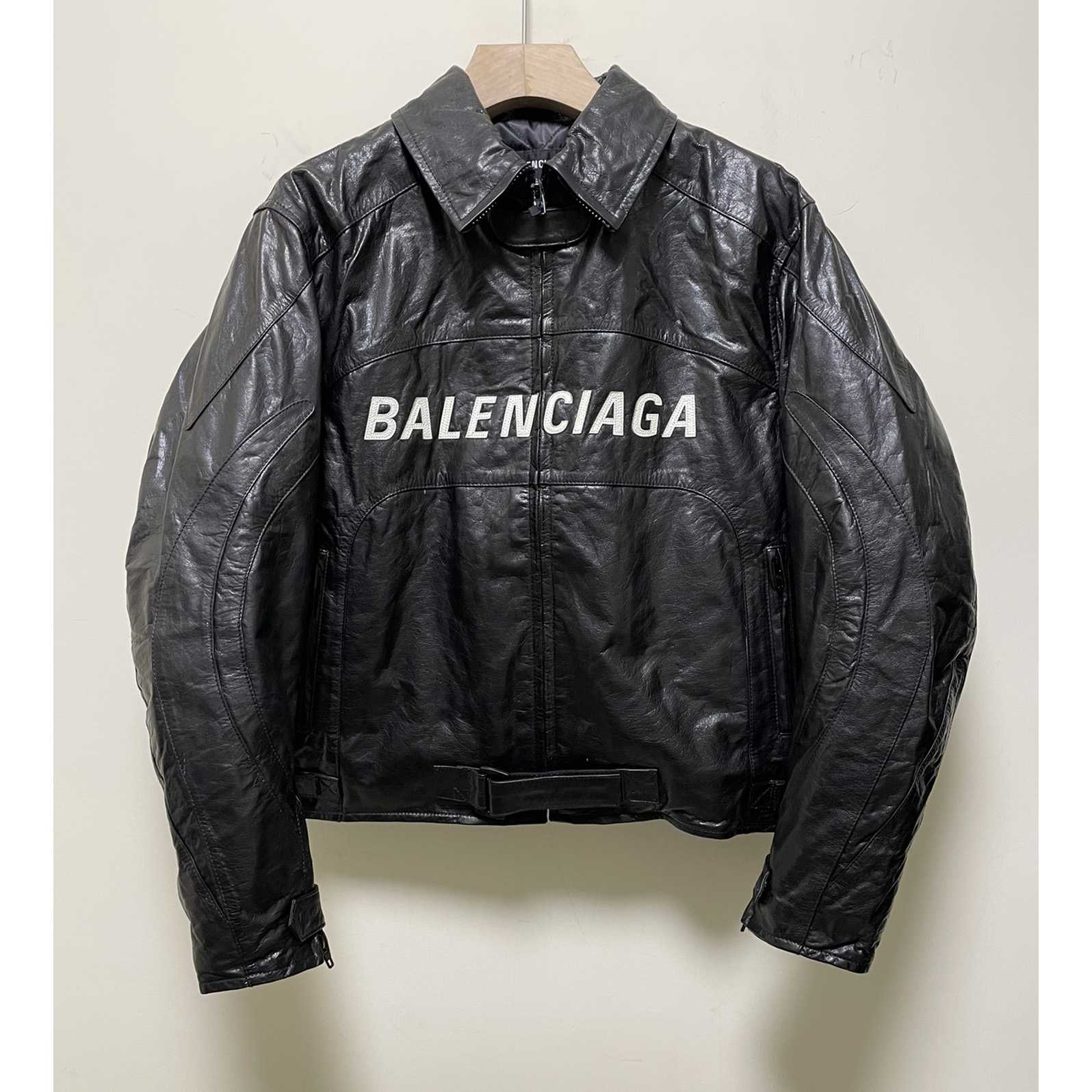 Balenciaga Contrast Logo Leather Moto Jacket - PerfectKickZ