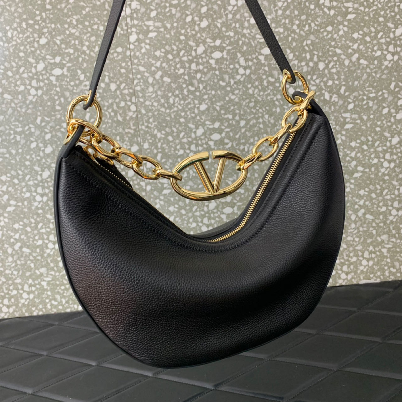 Valenti Small VLogo Moon Hobo Bag In Leather With Chain  - PerfectKickZ