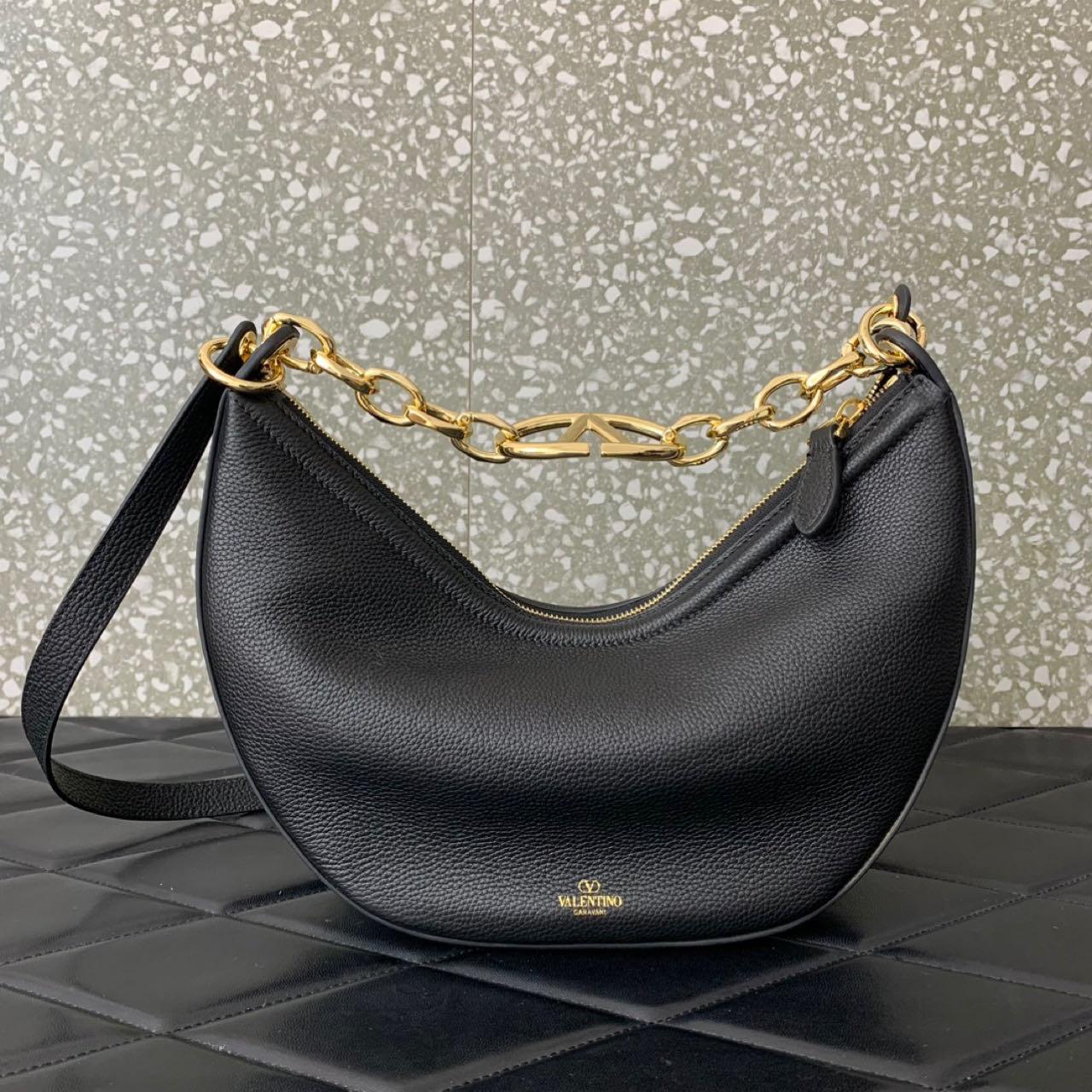 Valenti Small VLogo Moon Hobo Bag In Leather With Chain  - PerfectKickZ