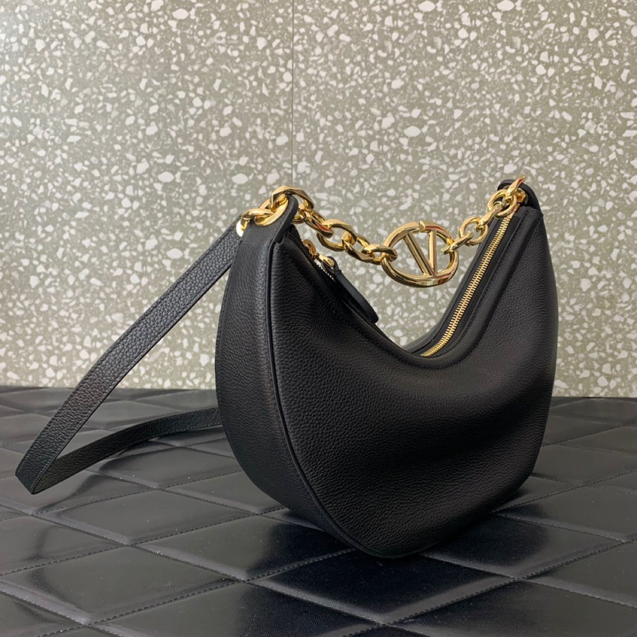 Valenti Small VLogo Moon Hobo Bag In Leather With Chain  - PerfectKickZ