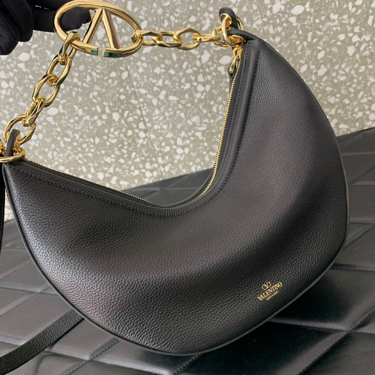 Valenti Small VLogo Moon Hobo Bag In Leather With Chain  - PerfectKickZ