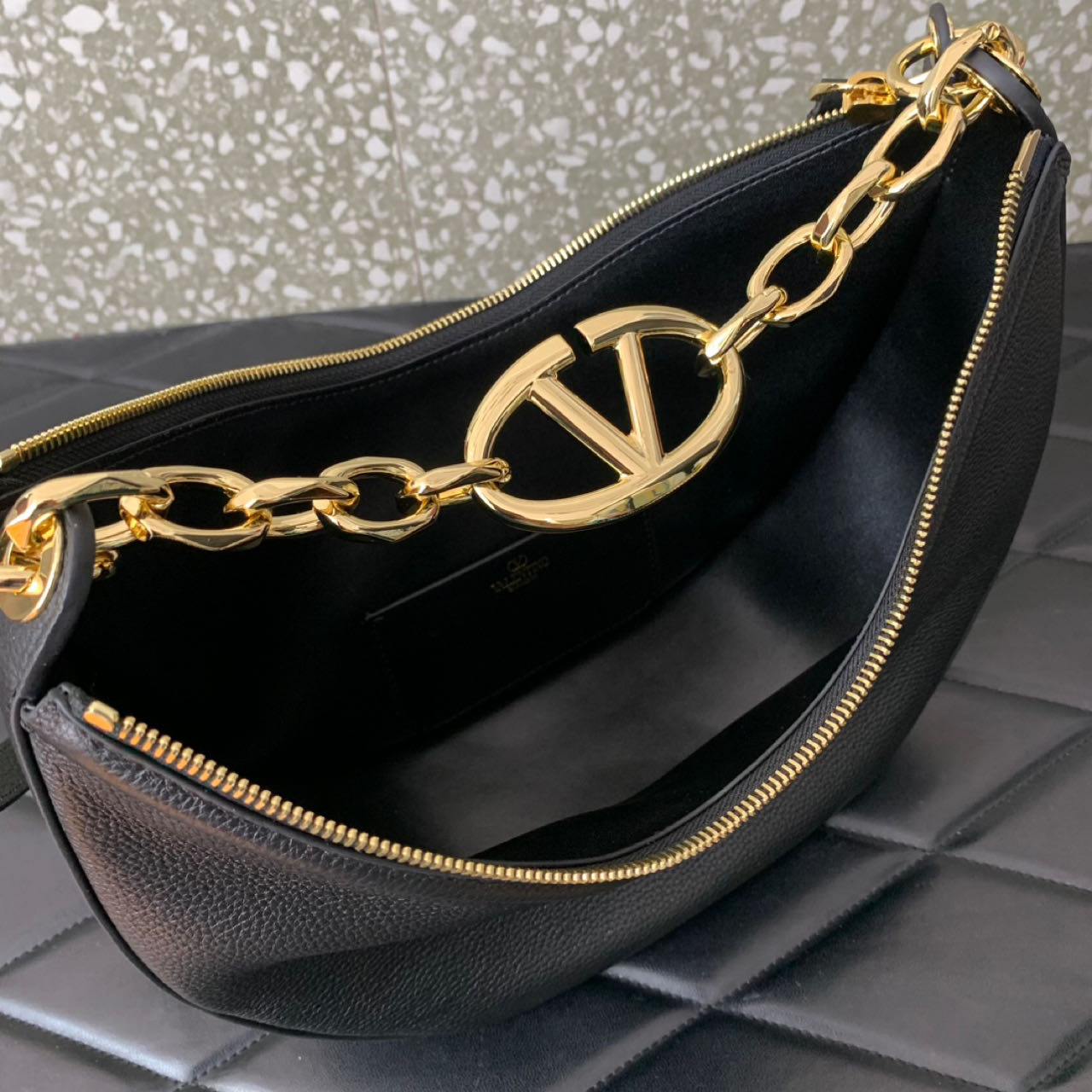 Valenti Small VLogo Moon Hobo Bag In Leather With Chain  - PerfectKickZ