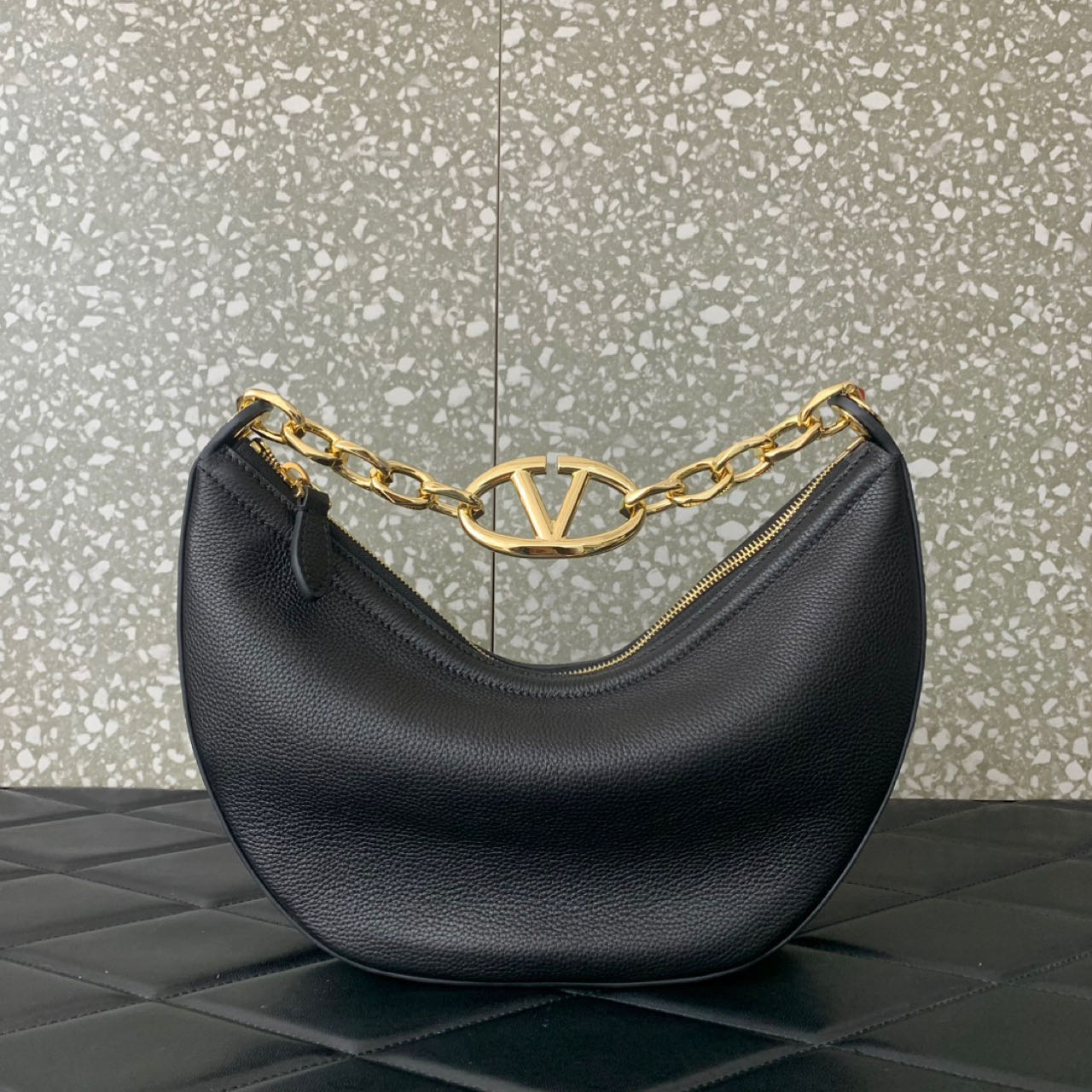 Valenti Small VLogo Moon Hobo Bag In Leather With Chain  - PerfectKickZ