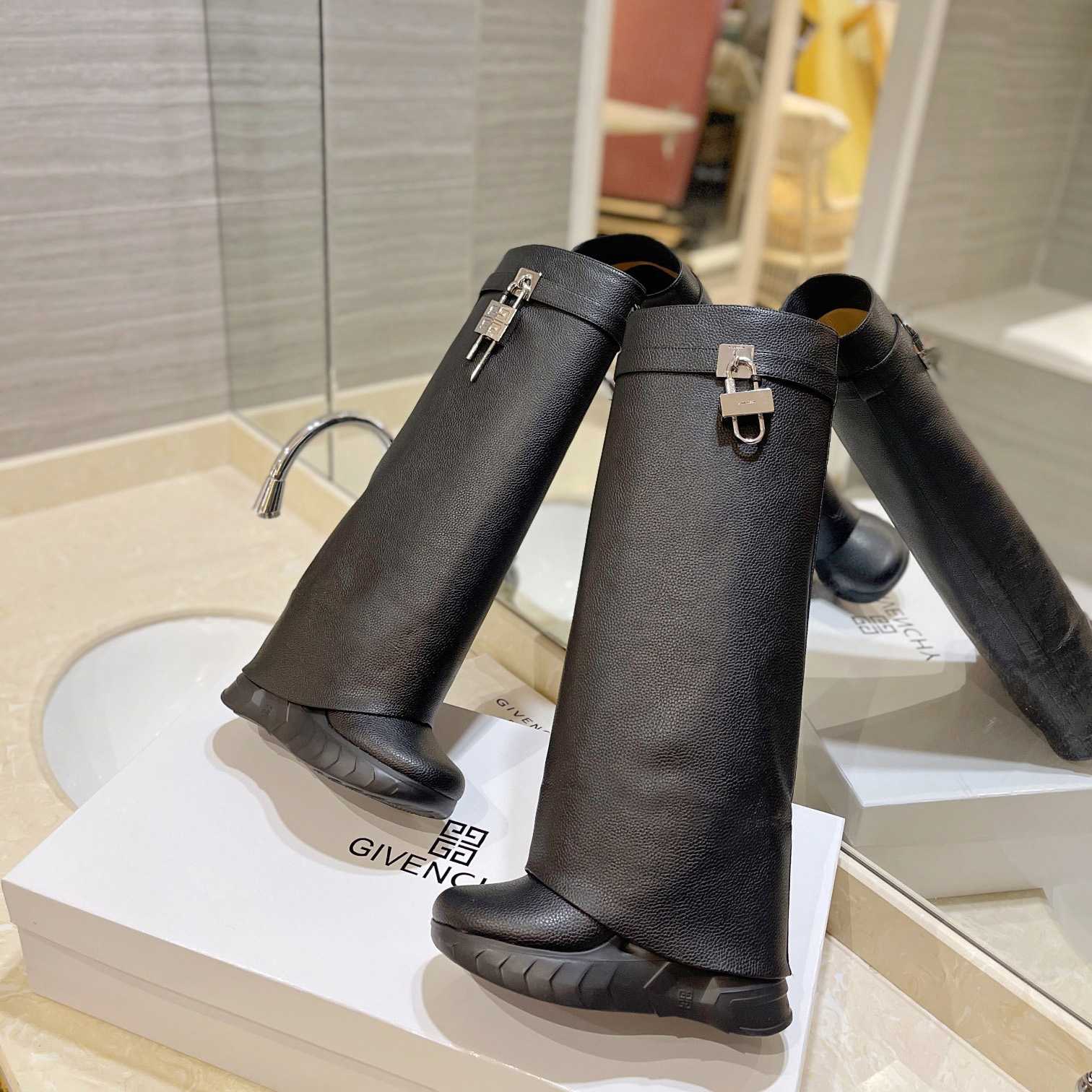 Givenchy Shark Lock Biker Boots In Grained Leather - PerfectKickZ