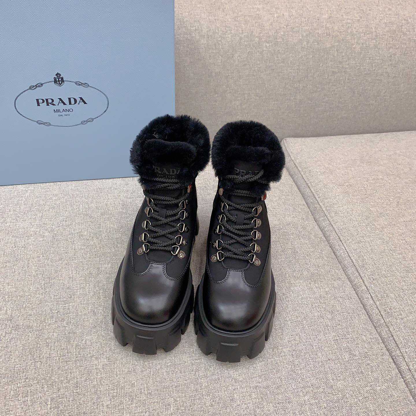 Prada Monolith Leather And Nylon Booties - PerfectKickZ