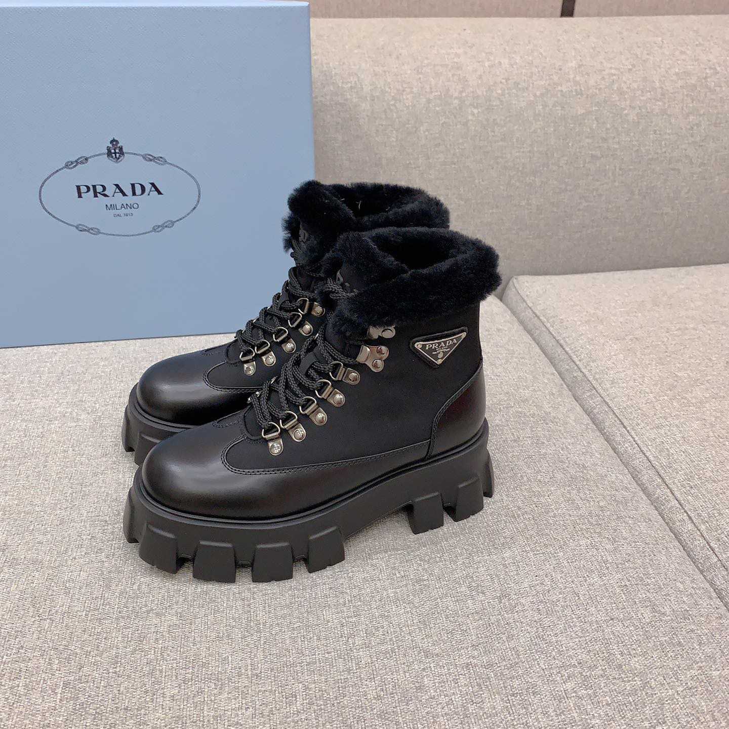 Prada Monolith Leather And Nylon Booties - PerfectKickZ