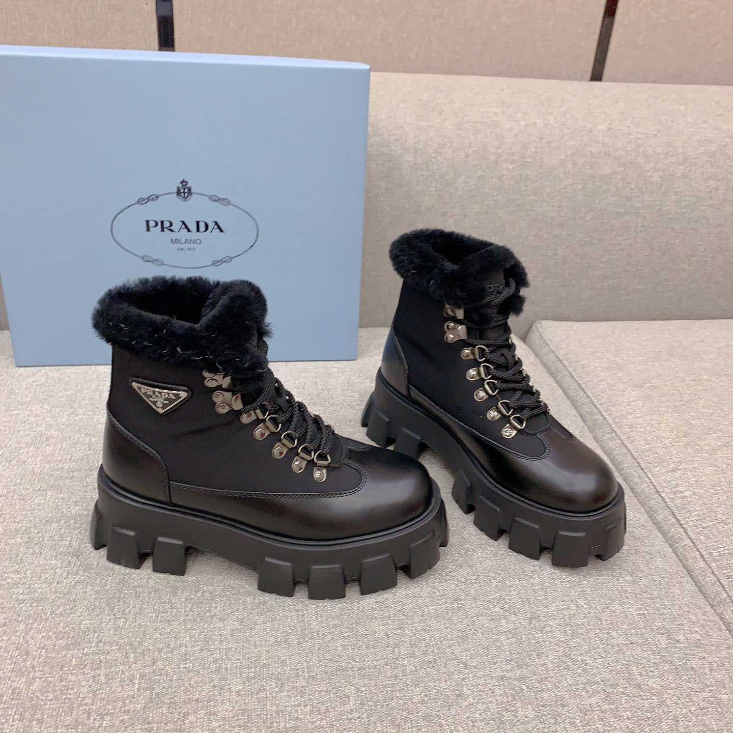 Prada Monolith Leather And Nylon Booties - PerfectKickZ
