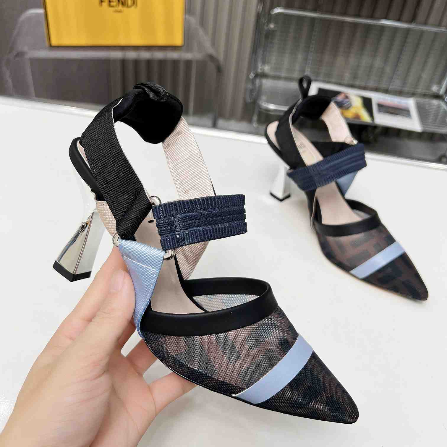 Fendi Colibrì Blue Mesh High-heeled Slingbacks - PerfectKickZ