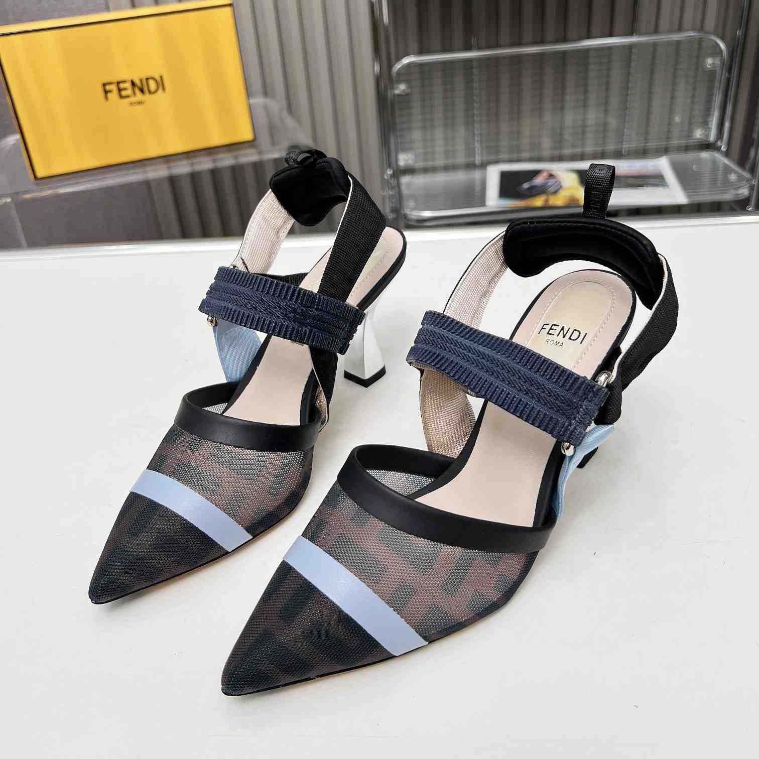 Fendi Colibrì Blue Mesh High-heeled Slingbacks - PerfectKickZ