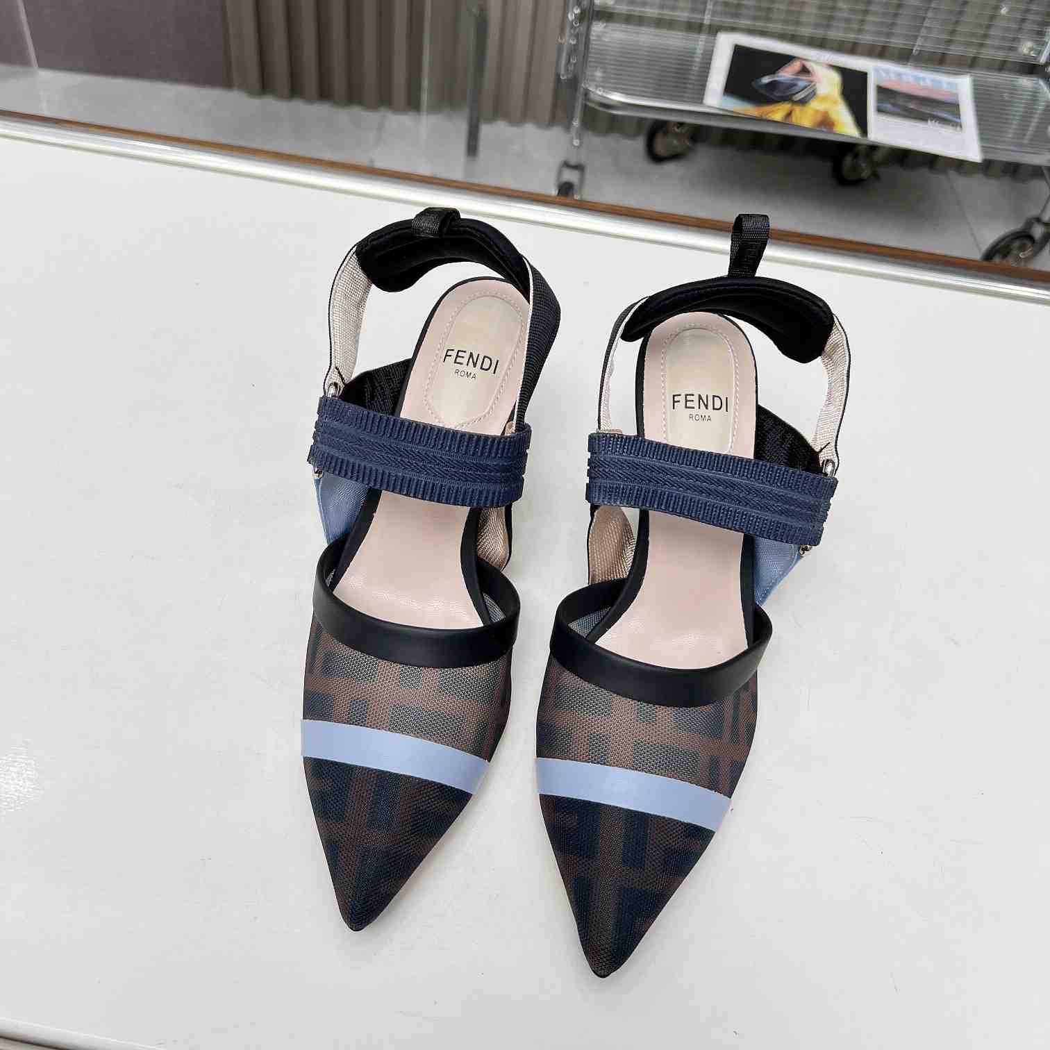 Fendi Colibrì Blue Mesh High-heeled Slingbacks - PerfectKickZ