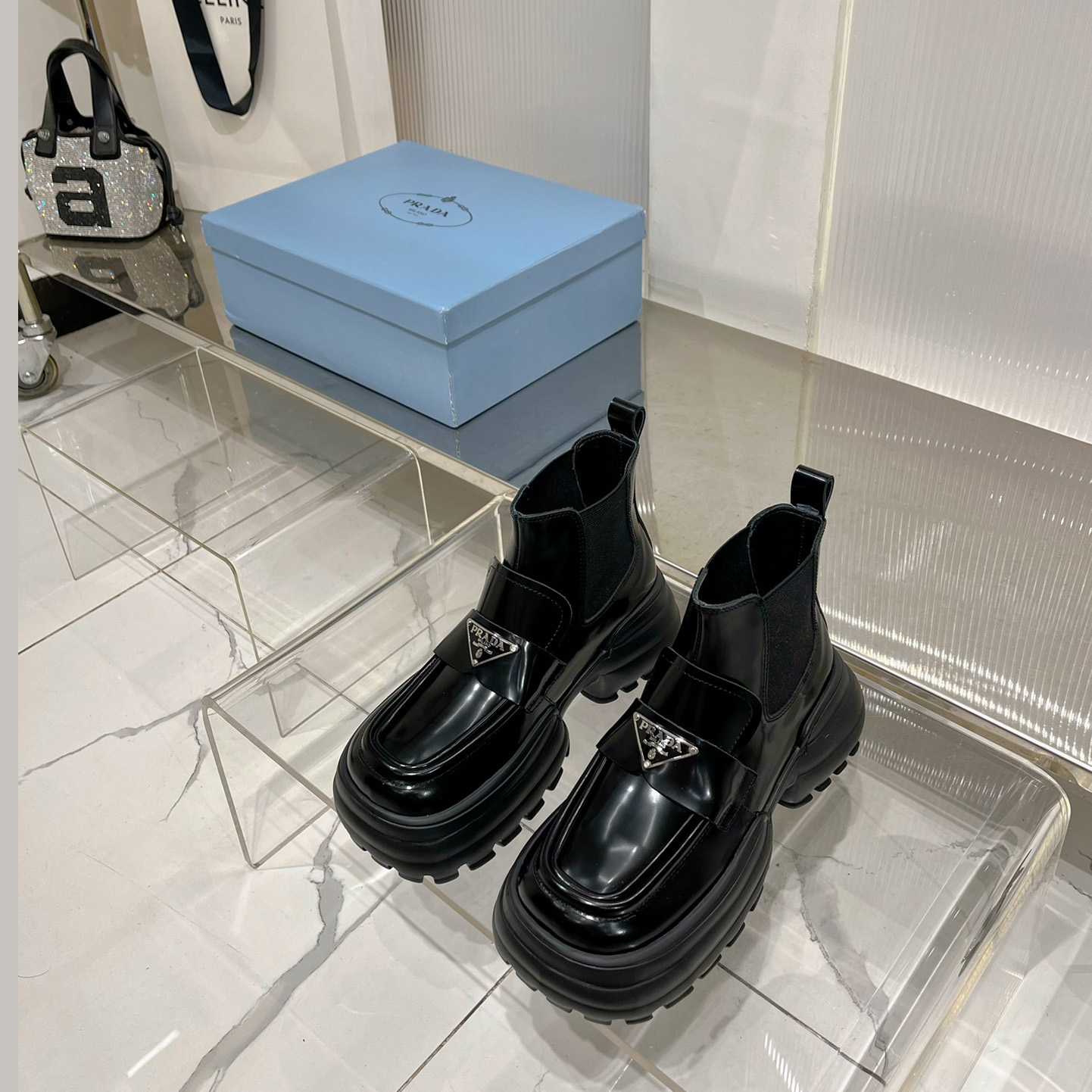 Prada Monolith Brushed Leather Flatform Loafers - 