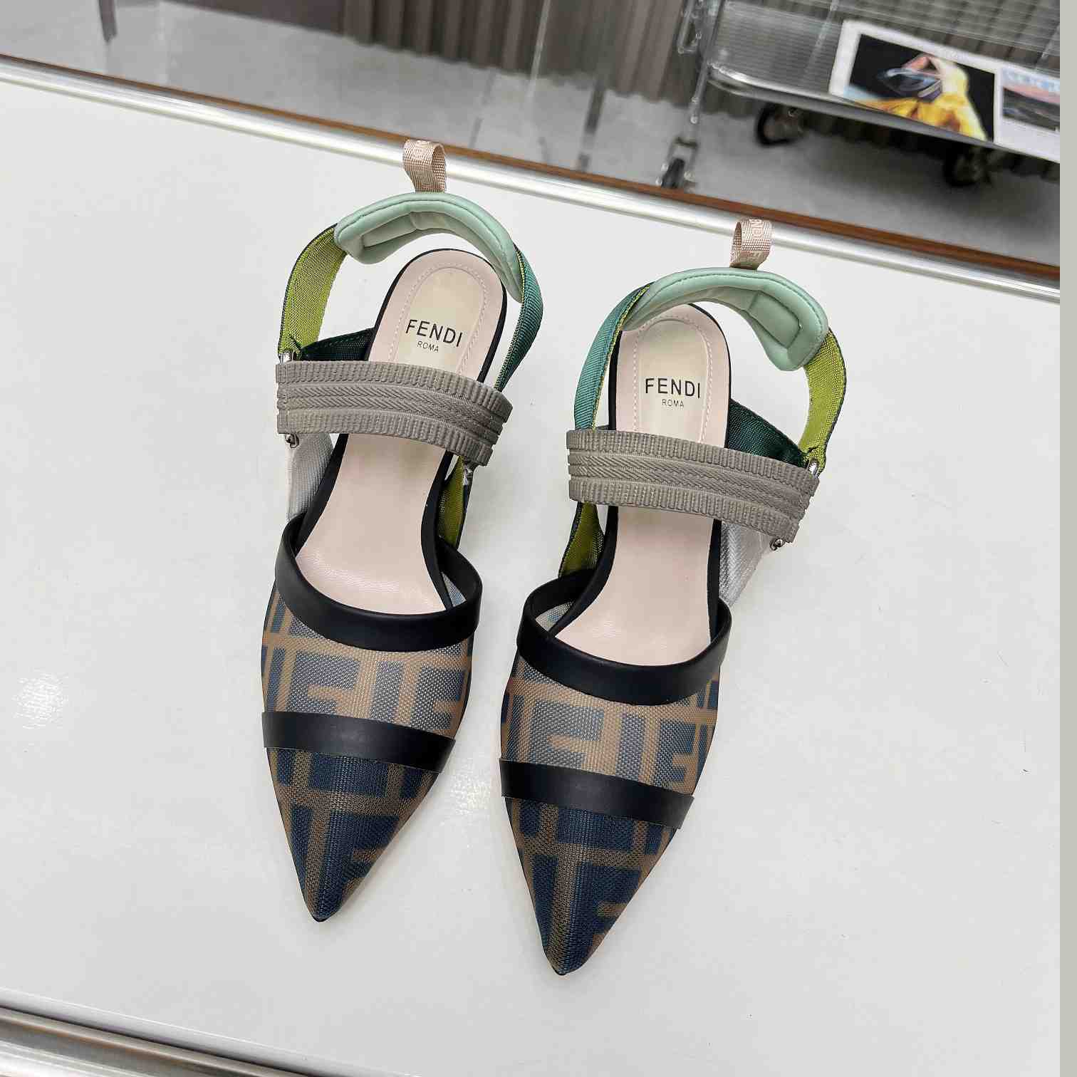 Fendi Colibrì Brown Mesh High-heeled Slingbacks - 