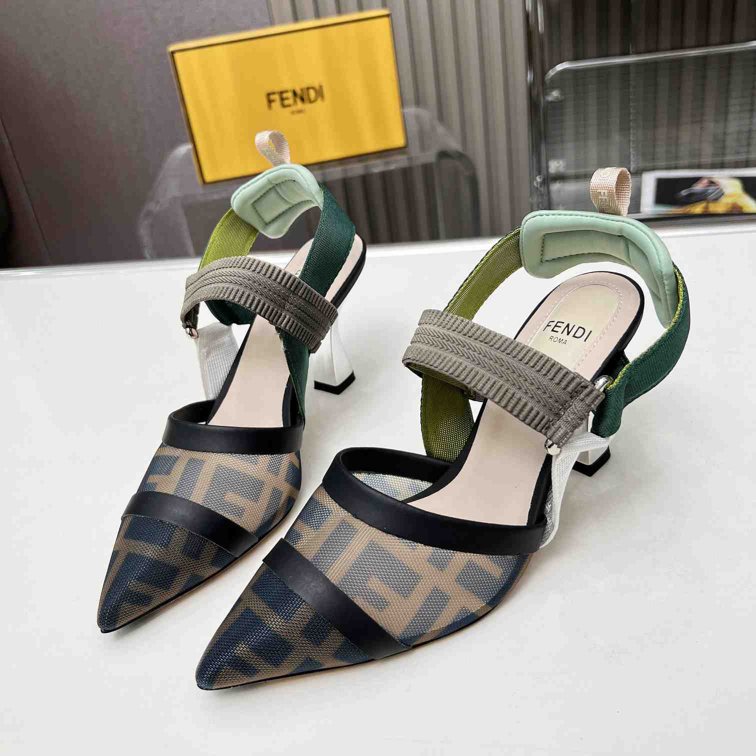 Fendi Colibrì Brown Mesh High-heeled Slingbacks - 