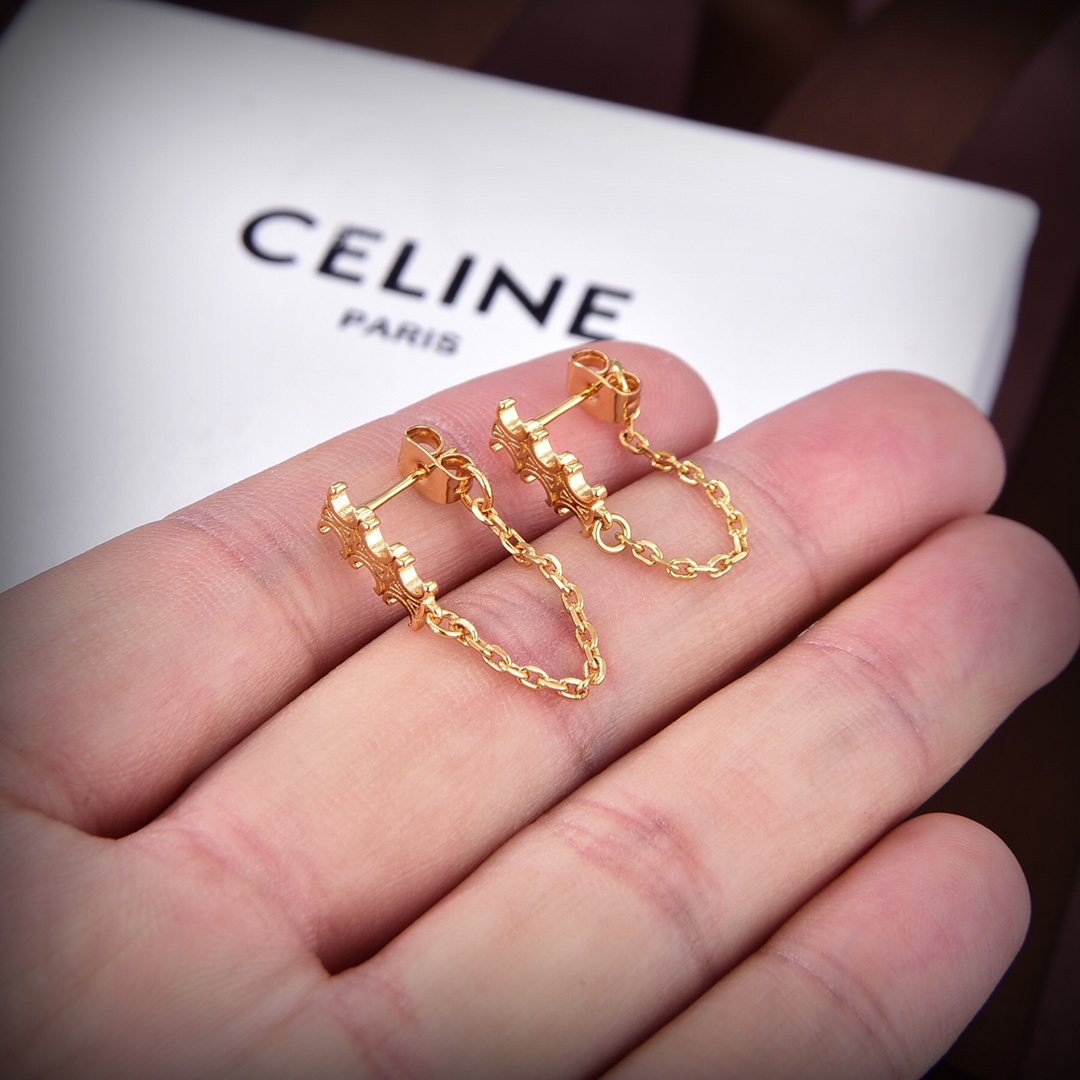 Celine Triomphe Chain Earrings In Brass With Gold Finish - 