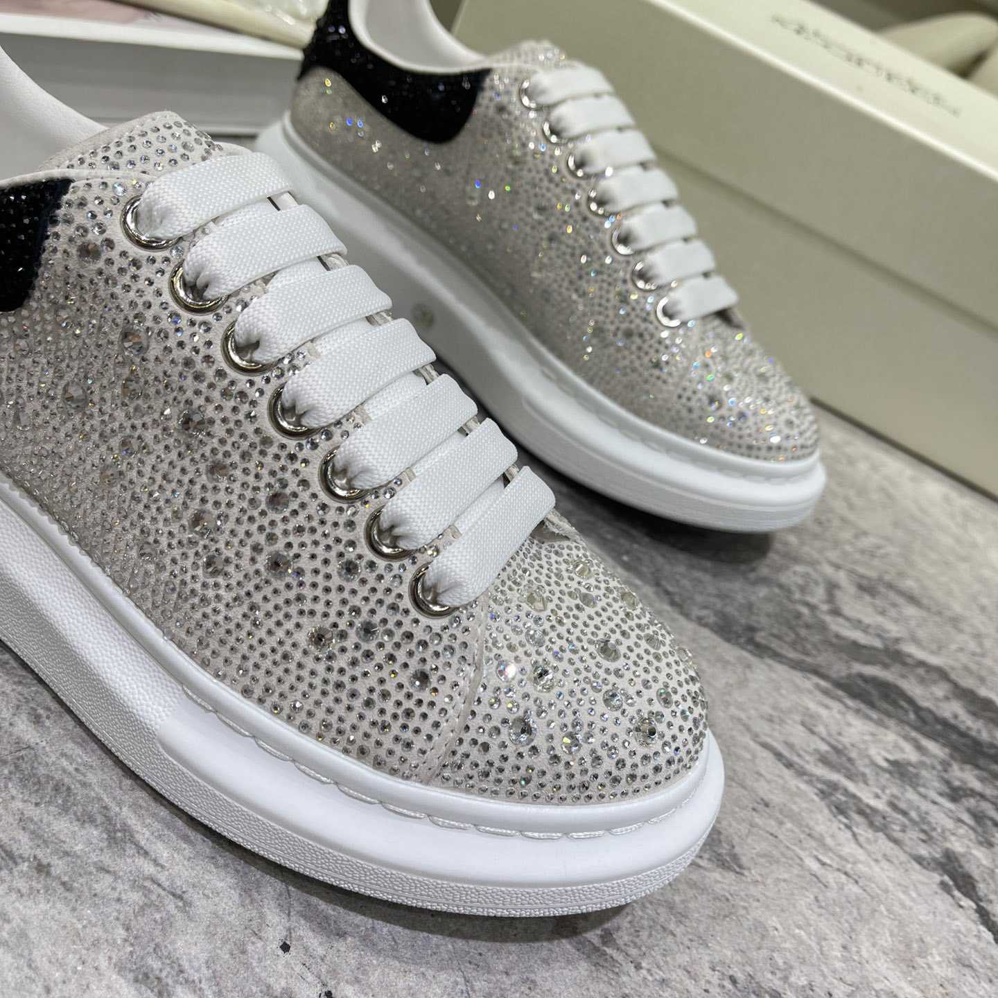 Alexander Mqueen Crystal-embellished Oversized Sneaker In White/Black - PerfectKickZ