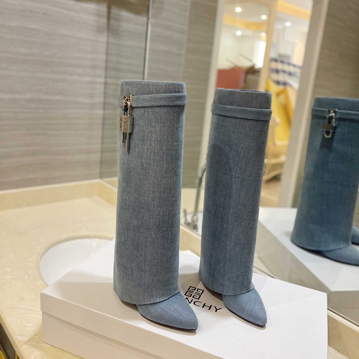 Givenchy Shark Lock Boots In Washed Denim - PerfectKickZ