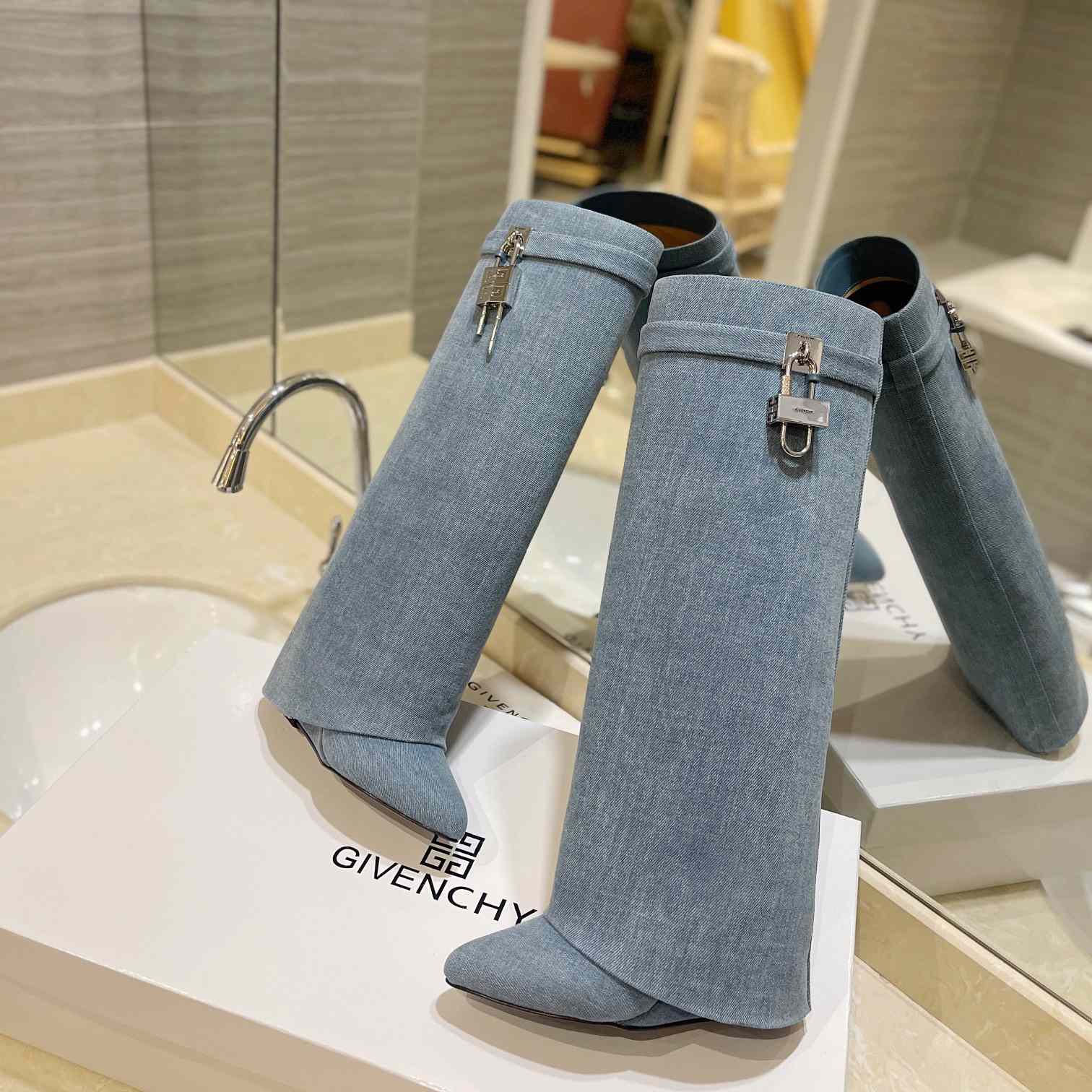 Givenchy Shark Lock Boots In Washed Denim - PerfectKickZ