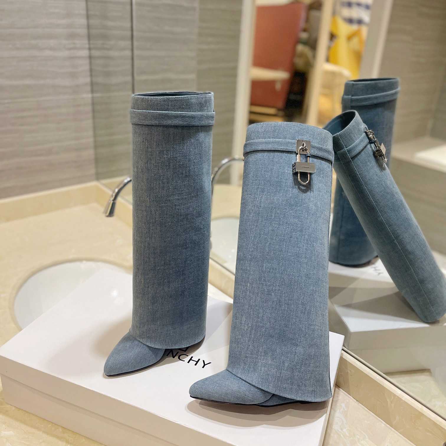 Givenchy Shark Lock Boots In Washed Denim - PerfectKickZ
