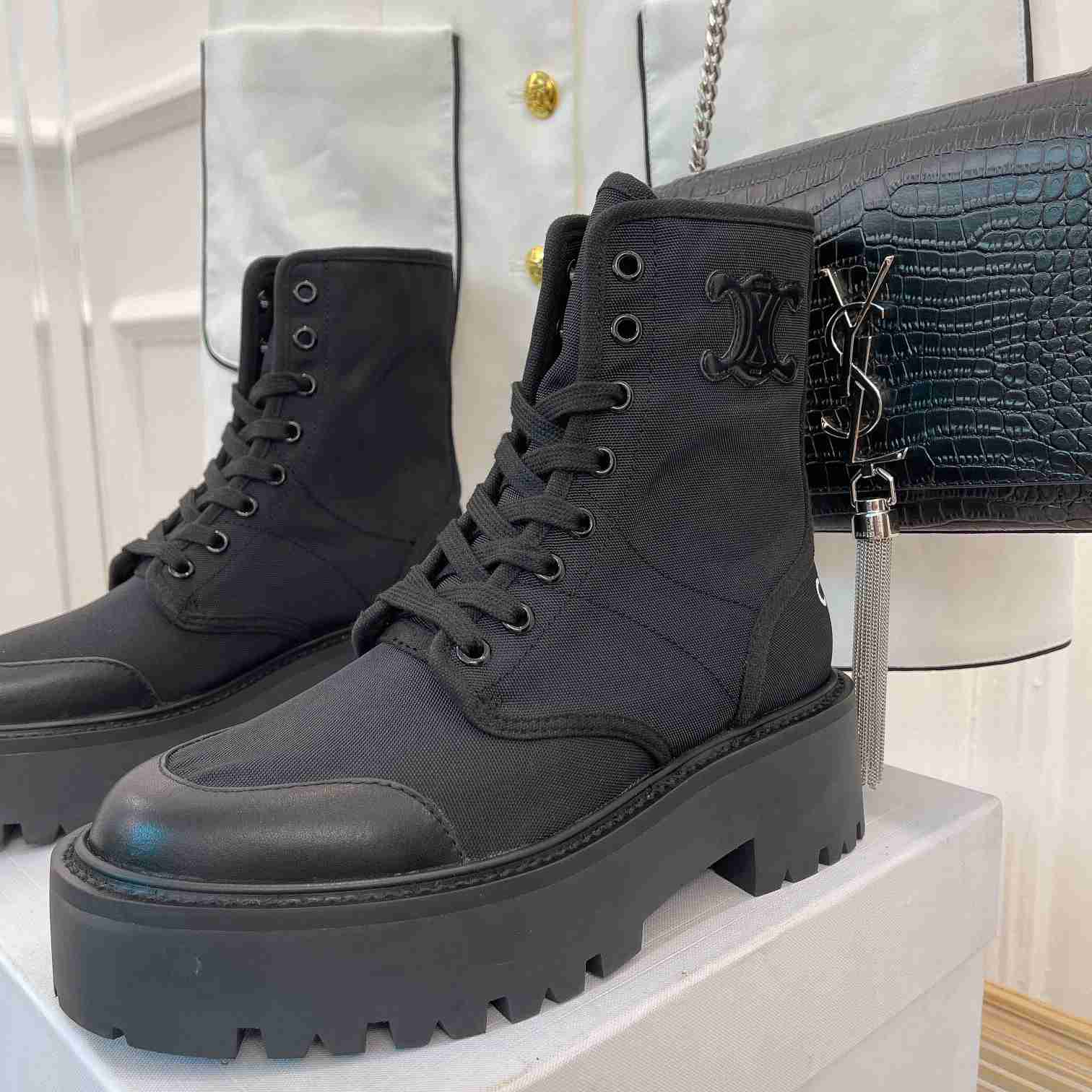 Celine Bulky Laced Up Boot In Nylon And Shiny Bull - PerfectKickZ