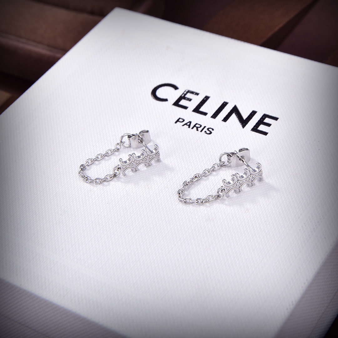 Celine Triomphe Chain Earrings In Brass With Rhodium Finish - PerfectKickZ