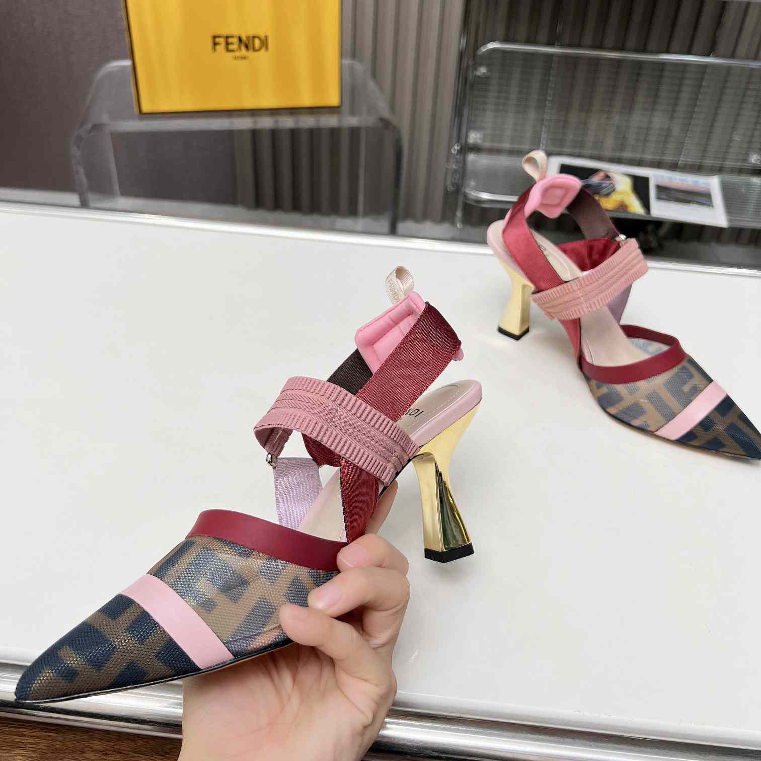 Fendi Colibrì Brown Mesh High-heeled Slingbacks - 