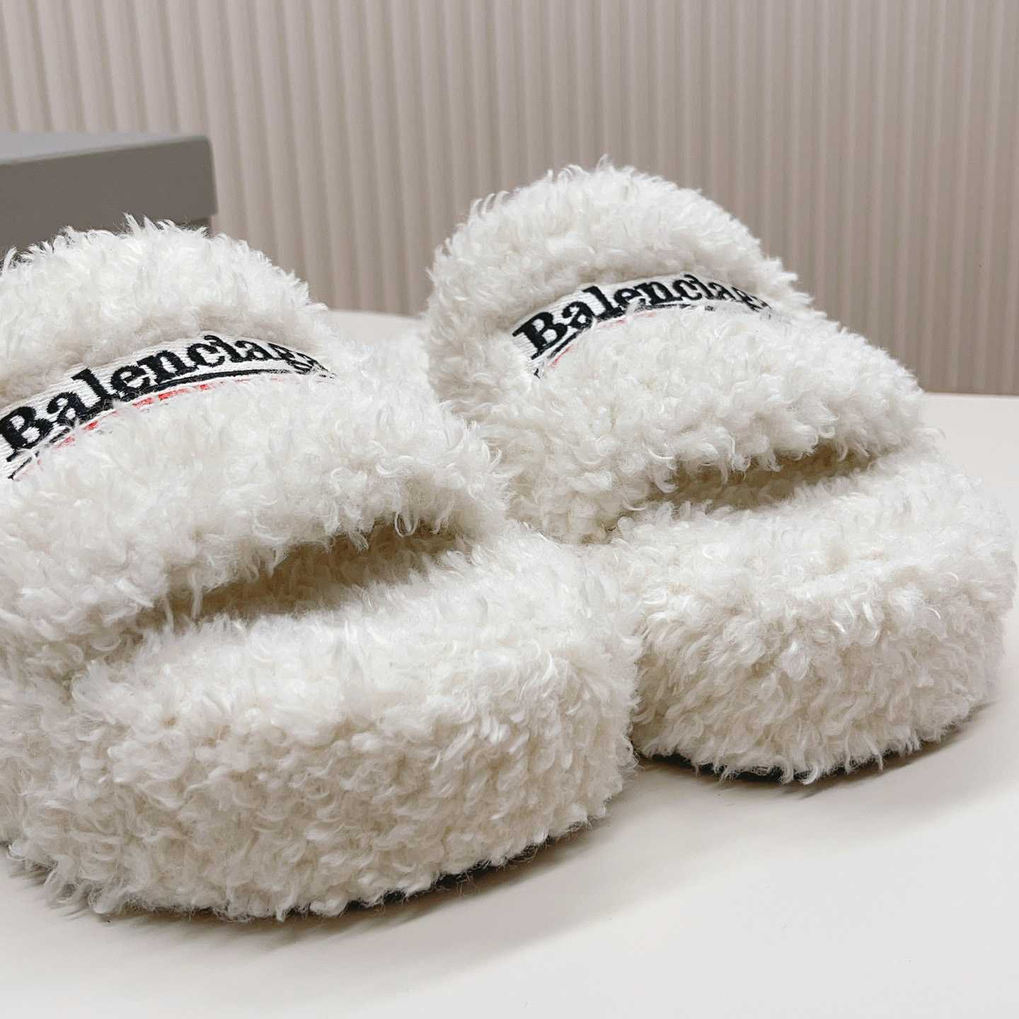 Balenciaga Furry Platform Sandal In White - PerfectKickZ