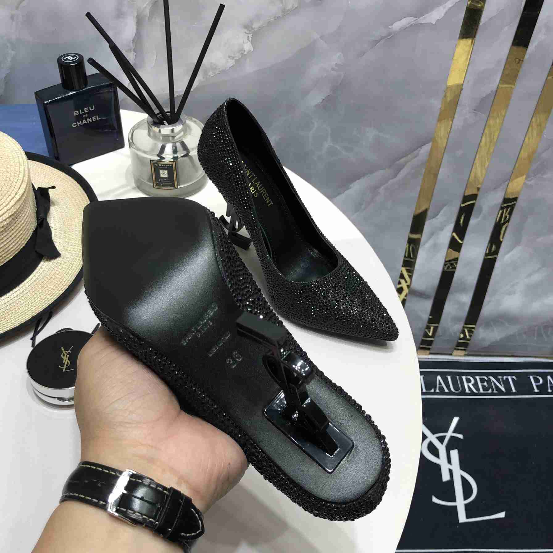 Saint Laurent Black Opyum Glitter Pumps - PerfectKickZ