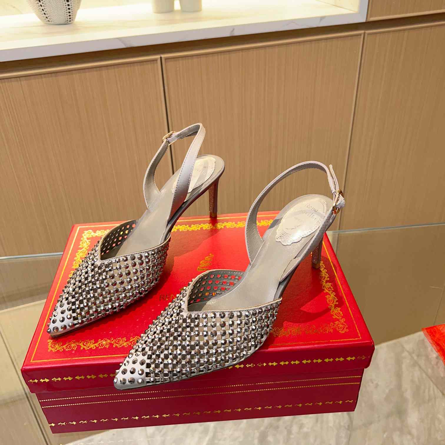 Rene Caovilla Ginger Crystal Silver Slingback 80 - PerfectKickZ
