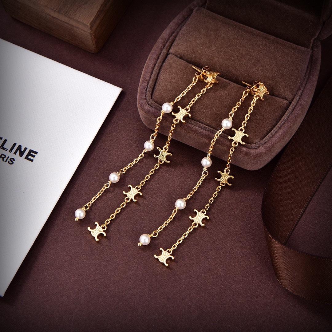 Celine Triomphe Long Pearl Earrings In Brass With Gold Finish And Resin Pearls - PerfectKickZ