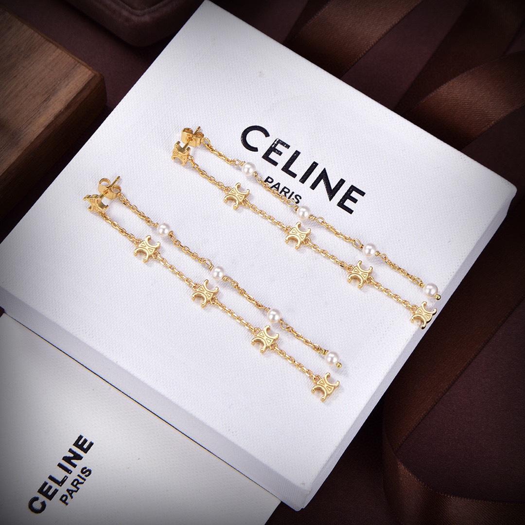 Celine Triomphe Long Pearl Earrings In Brass With Gold Finish And Resin Pearls - PerfectKickZ