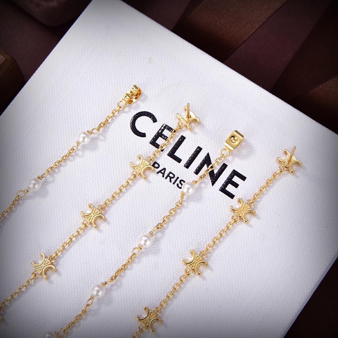 Celine Triomphe Long Pearl Earrings In Brass With Gold Finish And Resin Pearls - PerfectKickZ