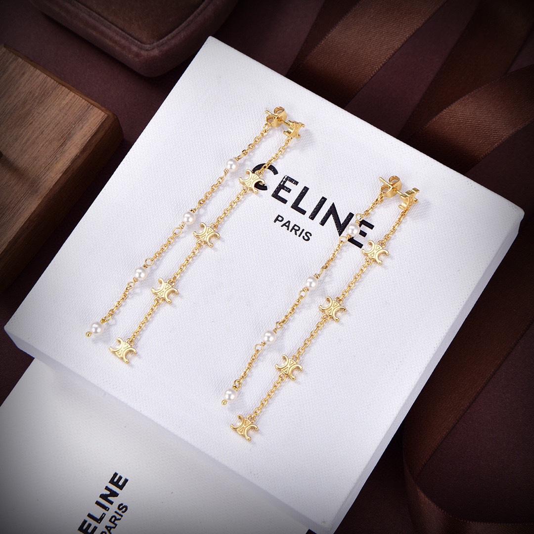 Celine Triomphe Long Pearl Earrings In Brass With Gold Finish And Resin Pearls - PerfectKickZ