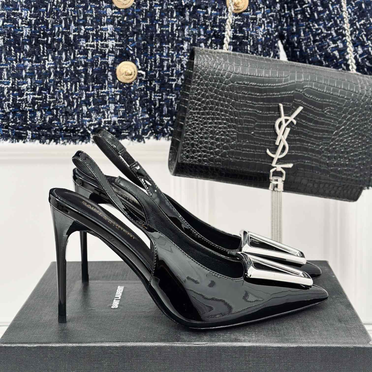 Saint Laurent Avenue Slingback Pumps In Patent Leather - PerfectKickZ