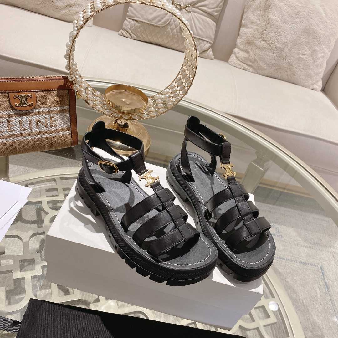 Celine Clea Triomphe Gladiator Sandal In Calfskin - Vegetal Tanning Black - PerfectKickZ