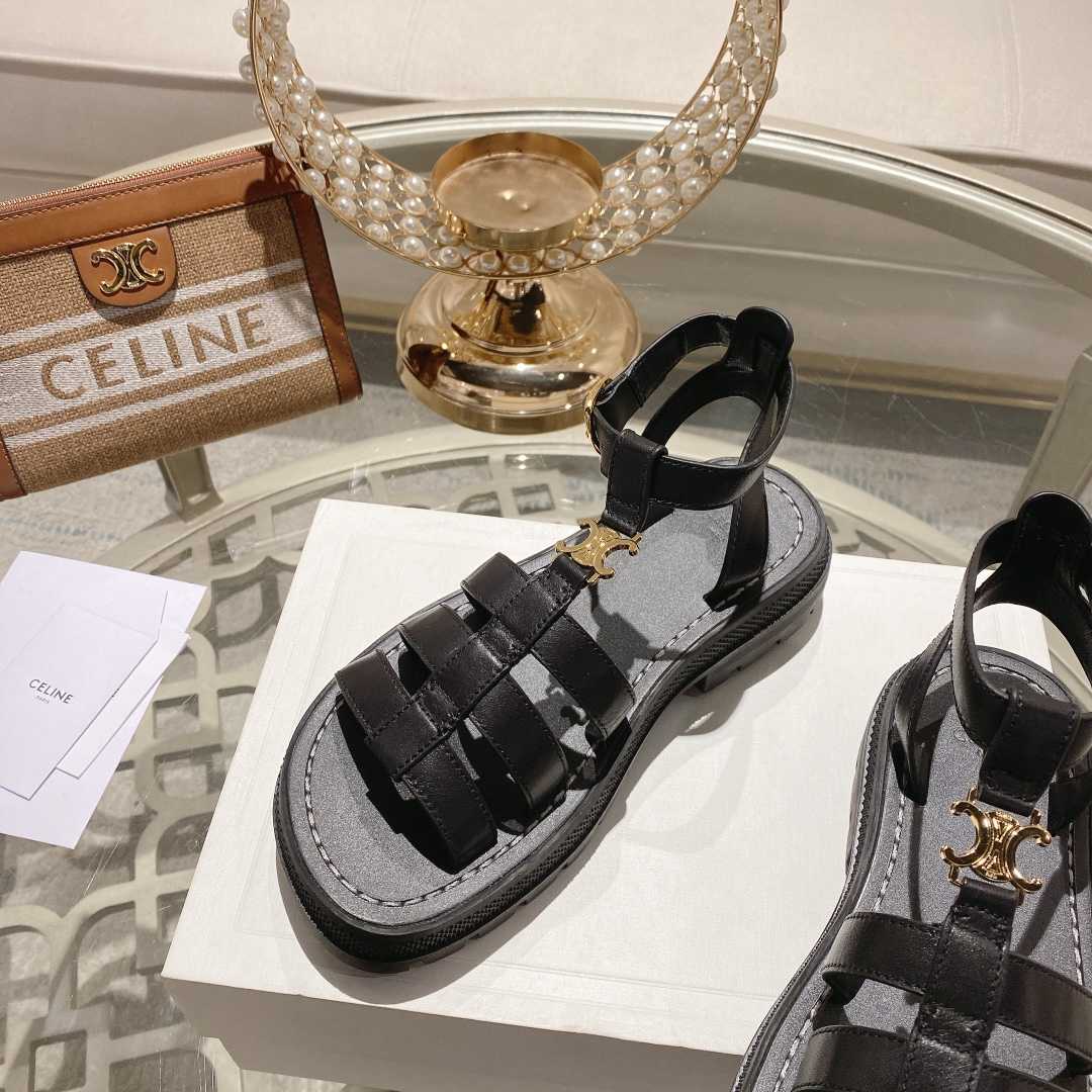 Celine Clea Triomphe Gladiator Sandal In Calfskin - Vegetal Tanning Black - PerfectKickZ