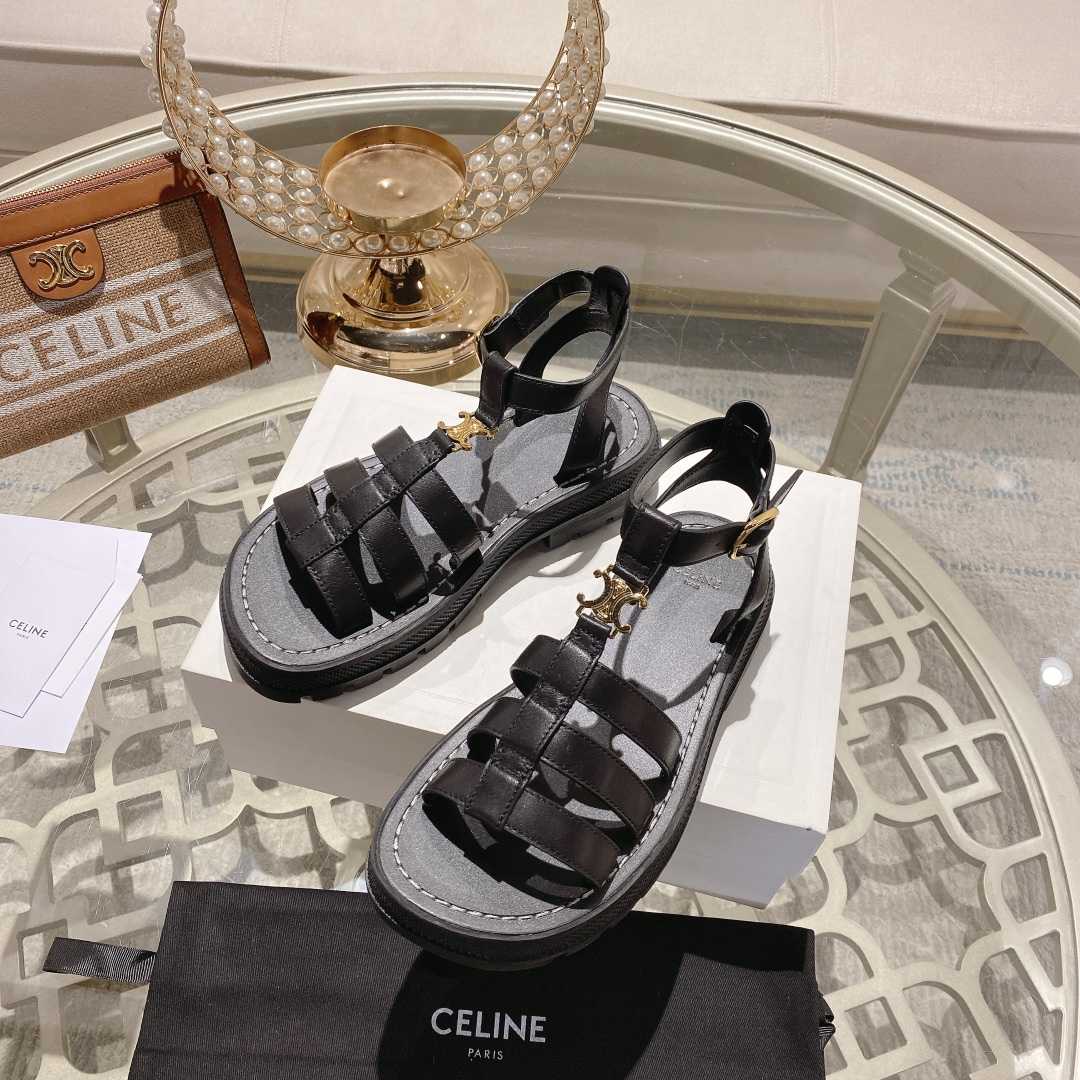 Celine Clea Triomphe Gladiator Sandal In Calfskin - Vegetal Tanning Black - PerfectKickZ