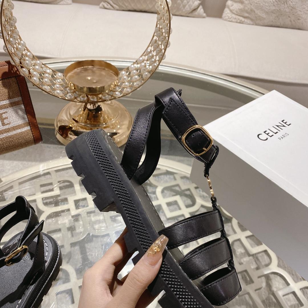 Celine Clea Triomphe Gladiator Sandal In Calfskin - Vegetal Tanning Black - PerfectKickZ
