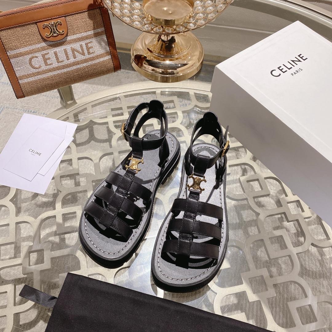 Celine Clea Triomphe Gladiator Sandal In Calfskin - Vegetal Tanning Black - PerfectKickZ