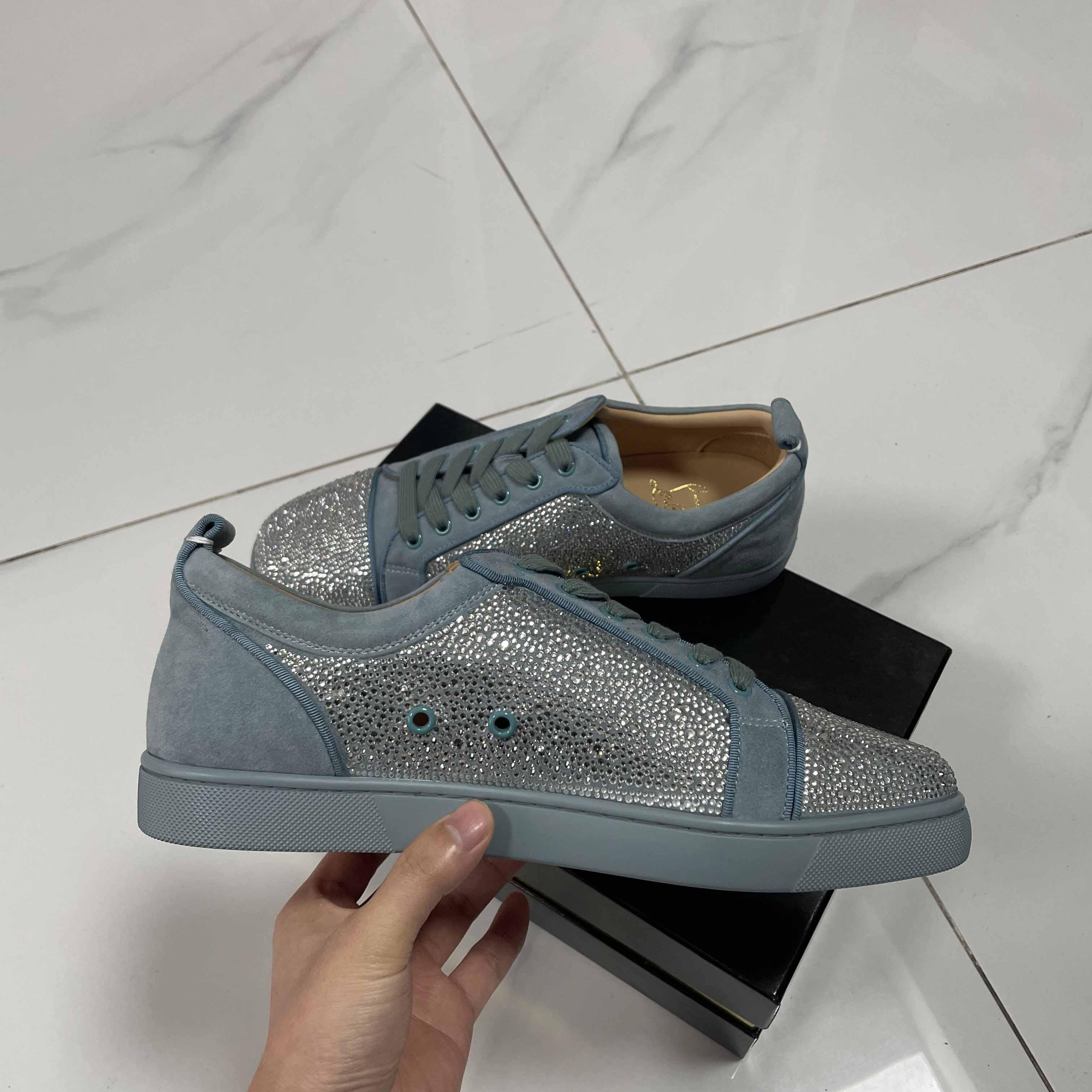 Christian Louboutin Men's Louis Junior Strass Rhinestone Suede Low-Top Sneakers - PerfectKickZ