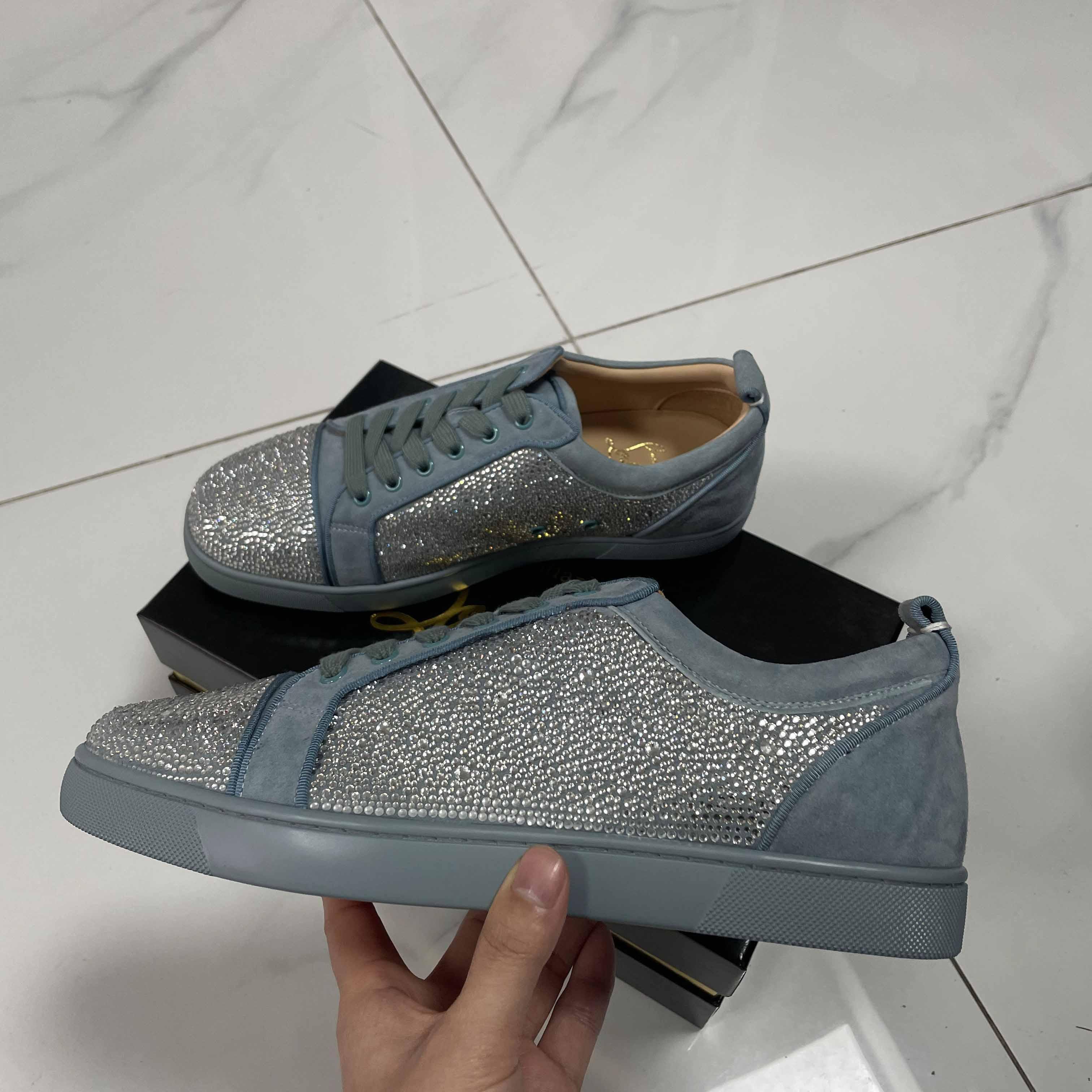 Christian Louboutin Men's Louis Junior Strass Rhinestone Suede Low-Top Sneakers - PerfectKickZ