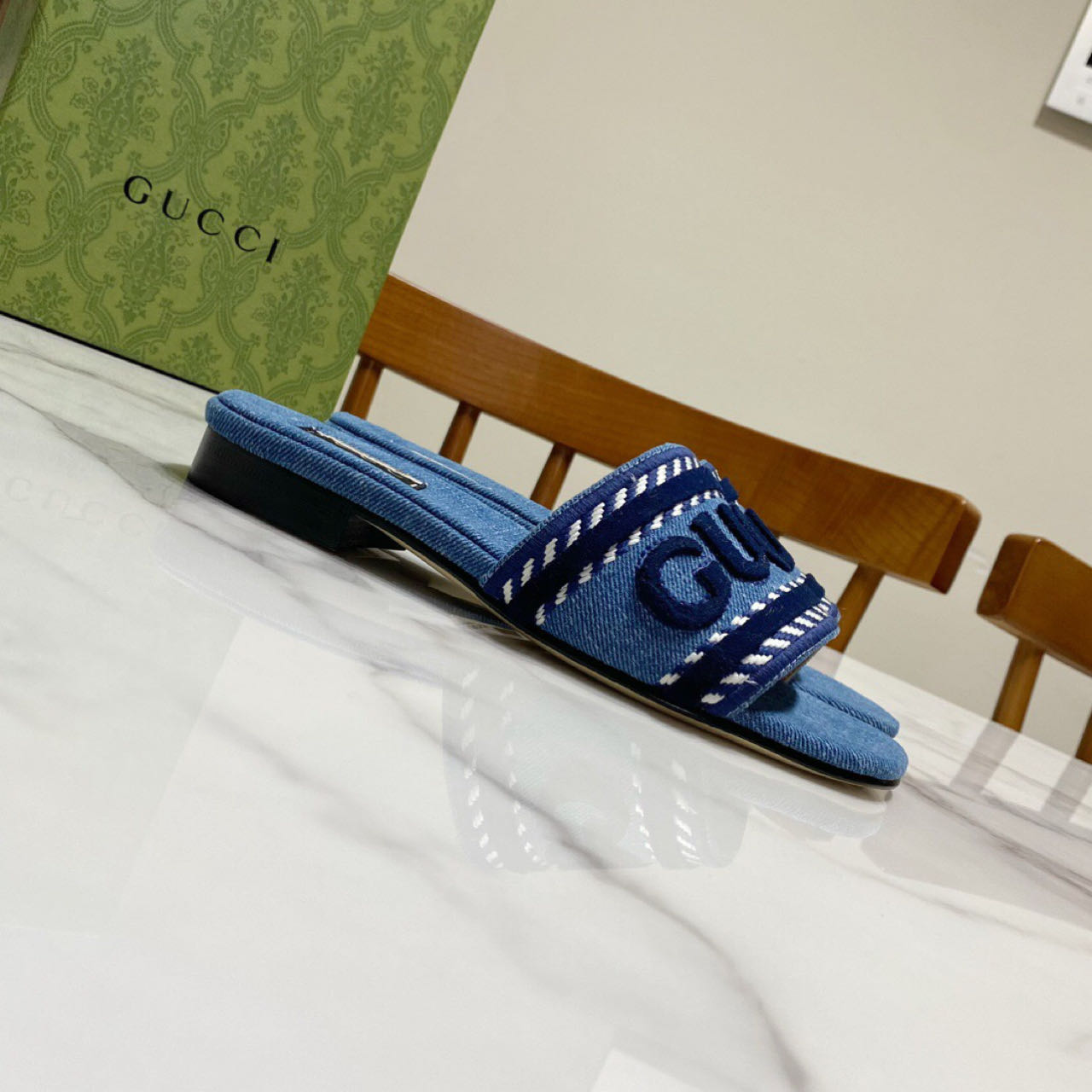 Gucci Script Block Heel Sandals - PerfectKickZ