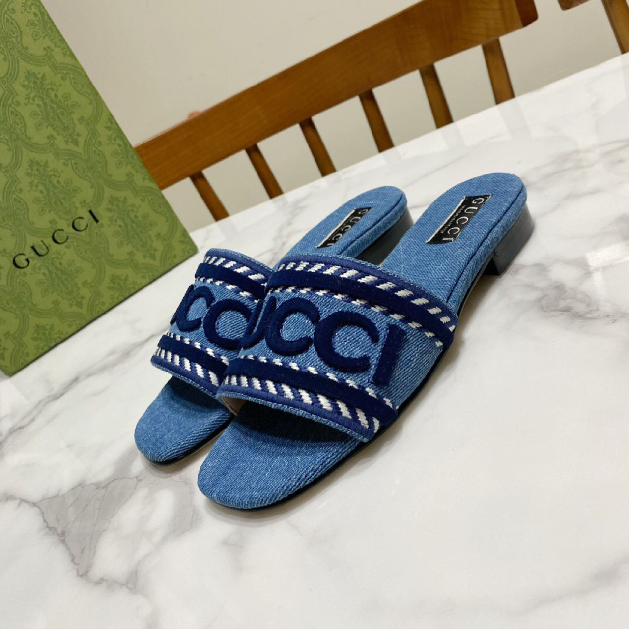Gucci Script Block Heel Sandals - PerfectKickZ