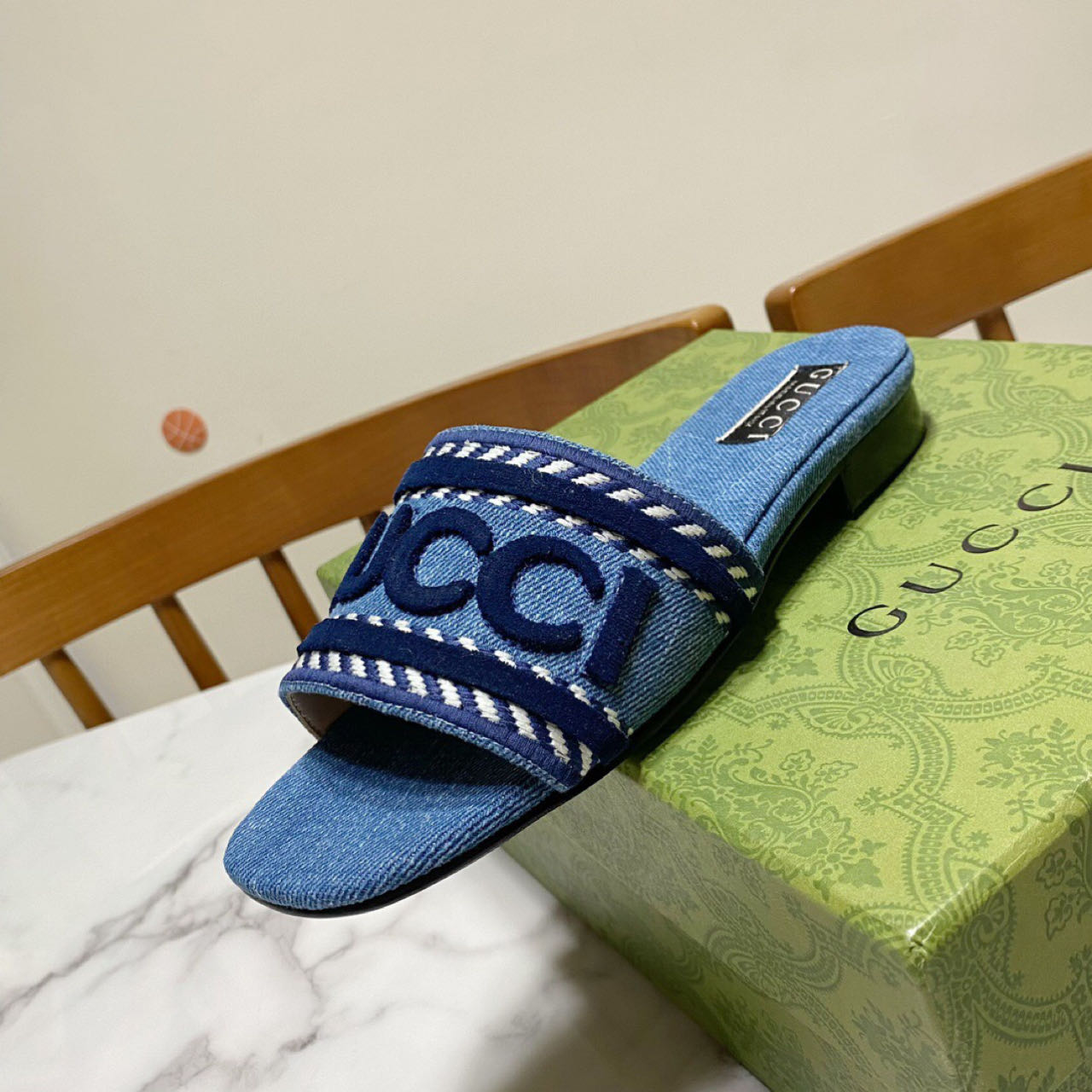 Gucci Script Block Heel Sandals - 