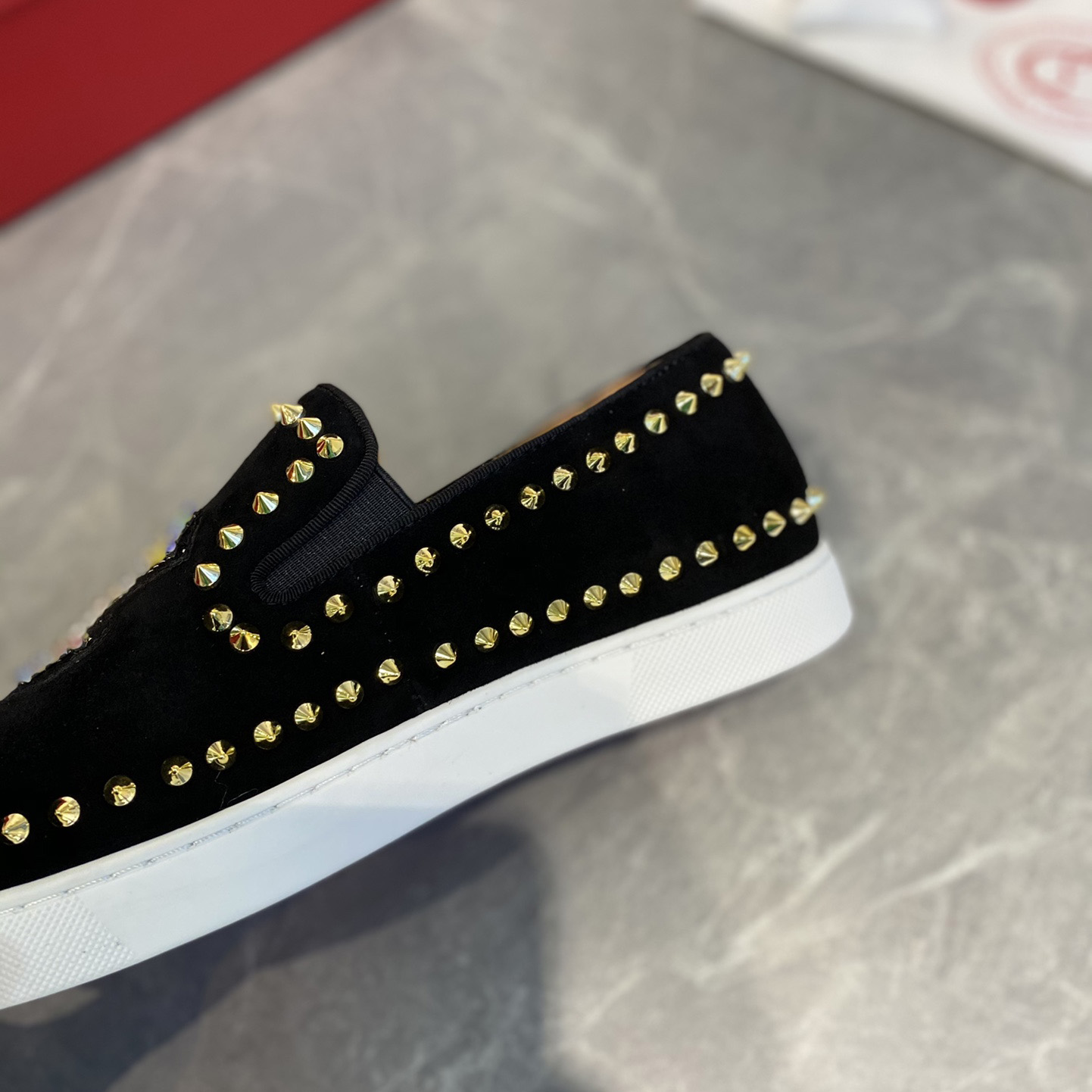 Christian Louboutin Studded Suede Spike Slip-On Sneakers - PerfectKickZ